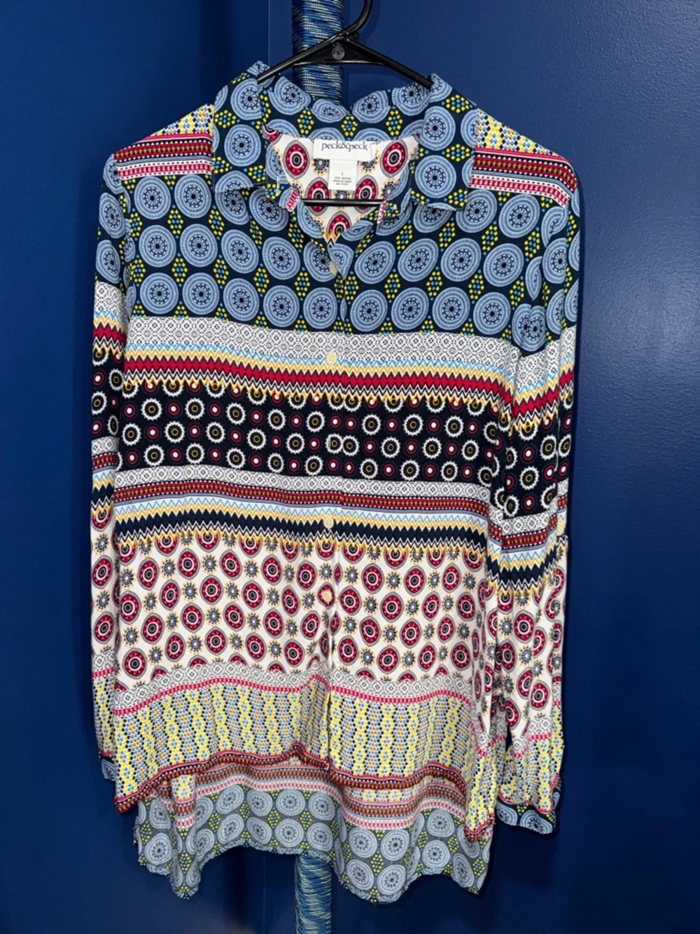 Peck & Peck- Western Boho Print High Low Blouse Size L - Picture 3 of 14